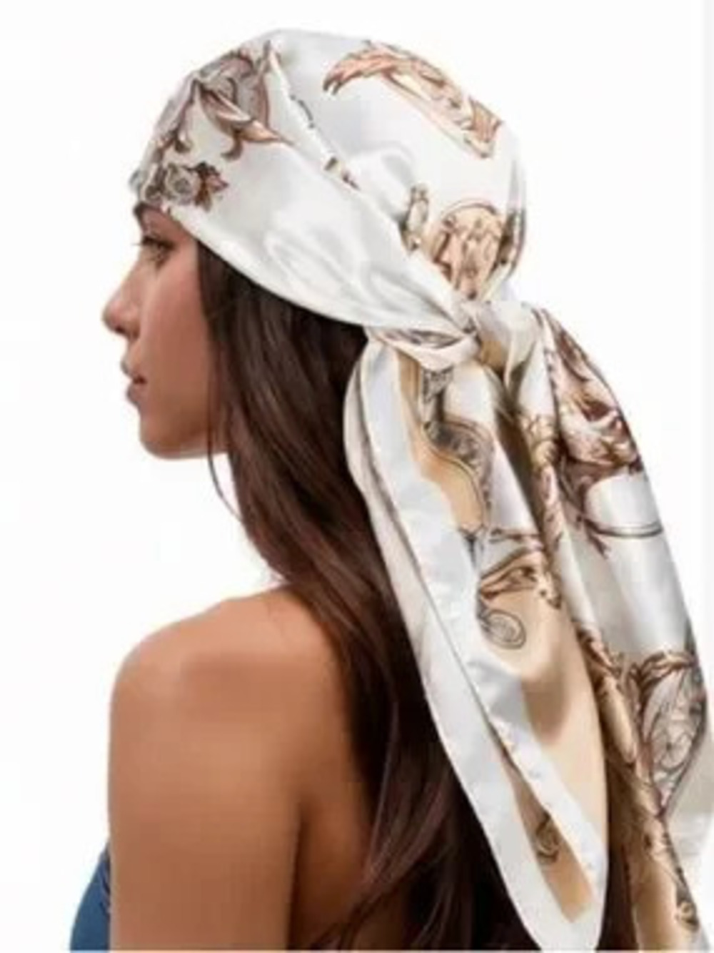 Elegant White & Beige Scroll-Print Silk Scarf